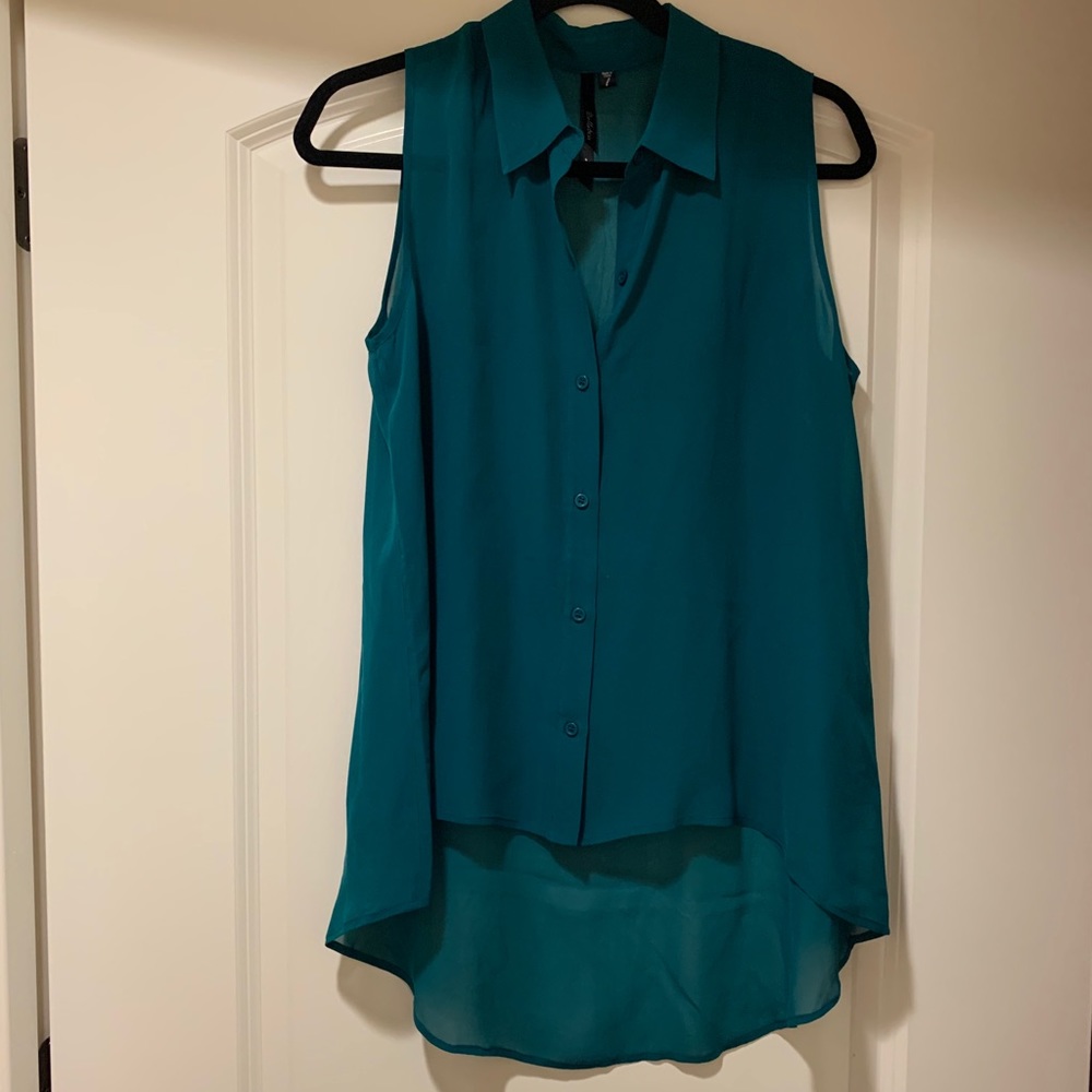 Teal sheer high low collard tank top